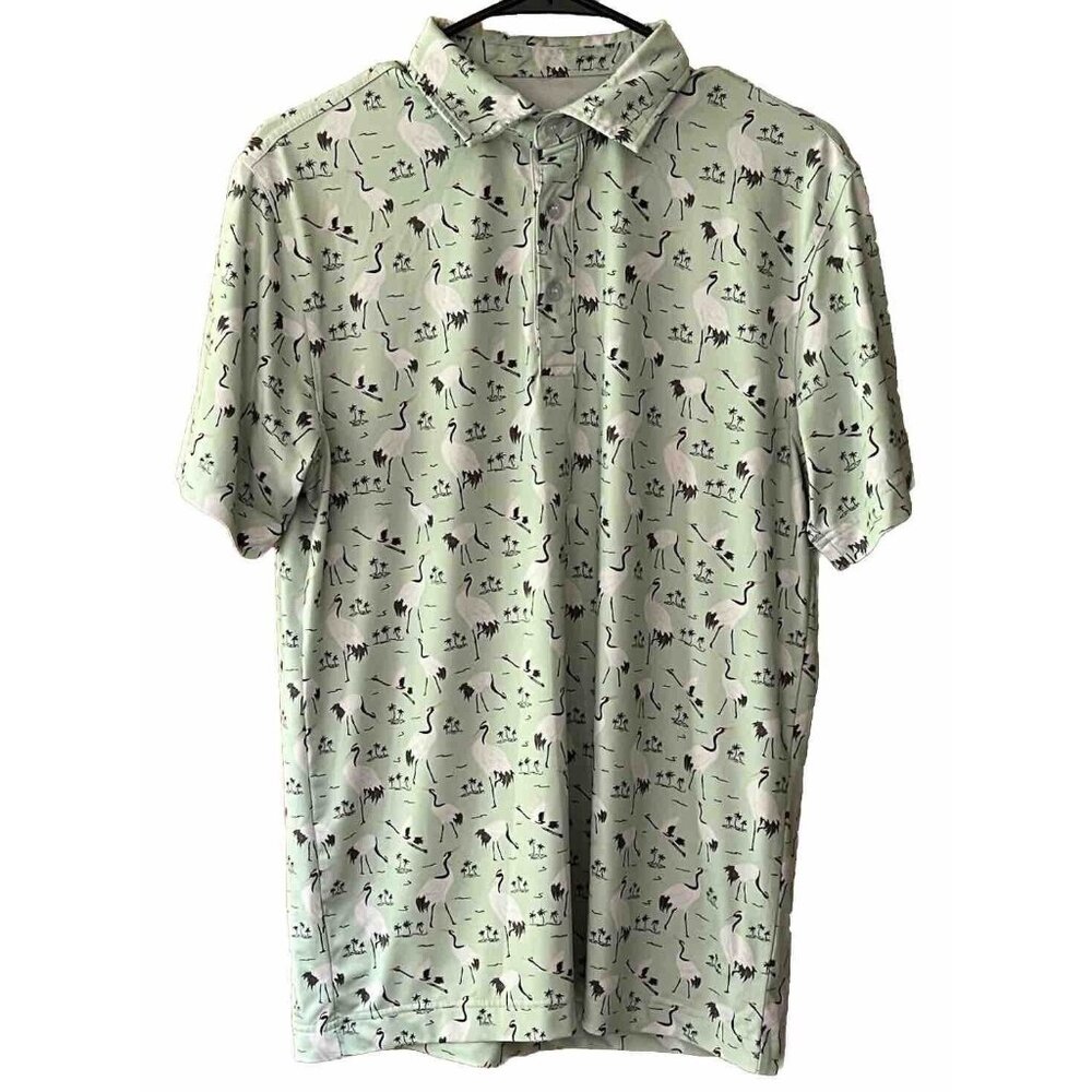 Waggle Men's Small 1/4 Button Polo Shirt Mint Green White Bird Palm Tree ⛳️